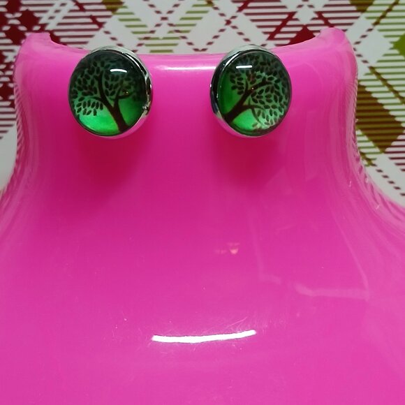 Handmade Silver Tone with Green Tree of Life Stud Earrings Fashion Jewelry #86 - Picture 2 of 11